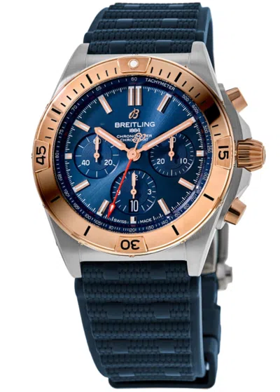 Breitling Chronomat B01 Chronograph Blue Dial 18k Rose Gold Bezel Rubber Strap Men's Watch Ub0134101c1s1