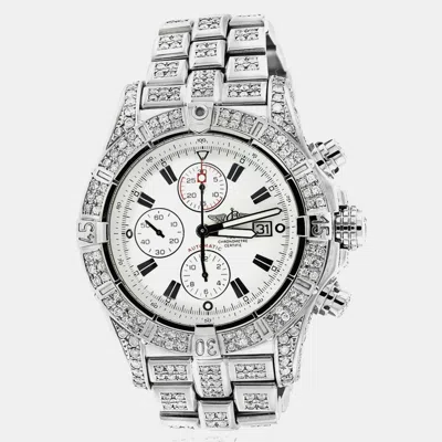 Pre-owned Breitling Customised White 15ct Diamond Stainless Steel Super Avenger A13370 Automatic Men's Wristwatch 48 Mm
