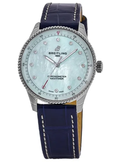 Breitling Navitimer 32 Quartz Ice Blue Mother Of Pearl Diamond Dial Leather Strap Women's Watch A77320171c1p1 In Silver