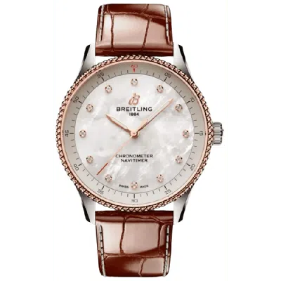 Breitling Navitimer 32 Quartz Mother Of Pearl Diamond Dial 18k Rose Gold Leather Strap Women's Watch U77320e61 In Multi