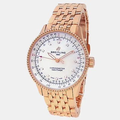 Pre-owned Breitling Navitimer A17395 Automatic Mop 18k Rose Gold Men's Wristwatch 35 Mm In White