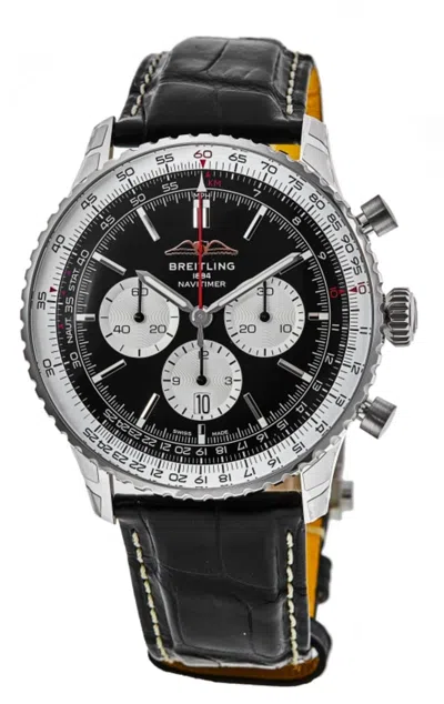 Breitling Navitimer B01 Chronograph 46 Black Dial Leather Strap Men's Watch Ab0137211b1p1 In Silver