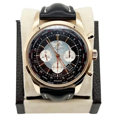 Pre-owned Breitling Rb0510 Transocean Unitime 46mm Chronograph 18k Rose Gold Leather Strap In Red