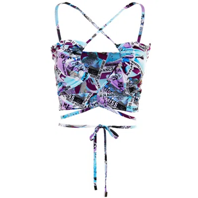 Brenda Agradi Women's Blue / Pink / Purple Ibiza Style Blue Purple Printed Cross Top - Yves Uro Tribute In Blue/pink/purple
