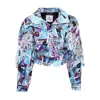 Brenda Agradi Women's Blue / Pink / Purple Ibiza Style Blue Purple Printed Fringed Bomber Jacket - Yves Uro Tribut In Blue/pink/purple
