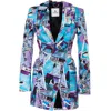 Brenda Agradi Women's Ibiza Style Blue Purple Printed Asymmetrical Blazer Jacket - Yves Uro Tribute