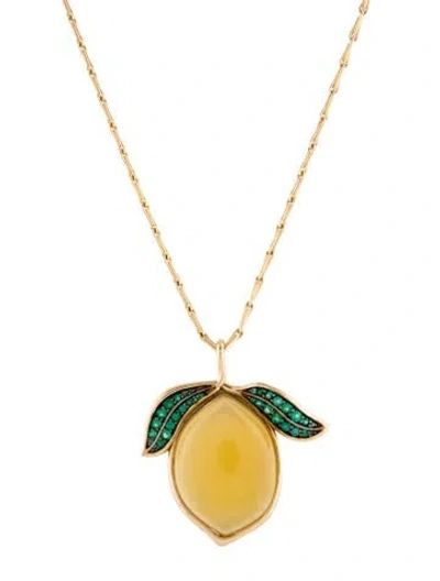 Pre-owned Brent Neale 18k 34.16ct Yellow Opal & Emerald Large Lemon Pendant Necklace, 18" In Multi