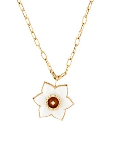 Pre-owned Brent Neale 18k Carnelian, Ceramic & Diamond Floral Pendant Necklace, 17.5" In White
