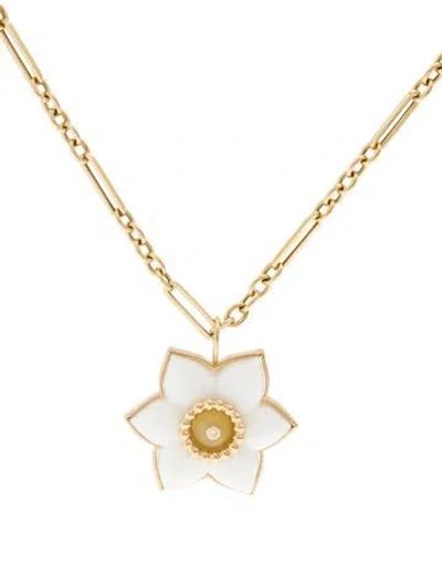 Pre-owned Brent Neale 18k Ceramic, Chalcedony & Diamond Daffodil Pendant Necklace, 18" In White