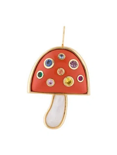 Pre-owned Brent Neale 18k Coral & Multistone Large Magic Mushroom Pendant, 2" In Orange