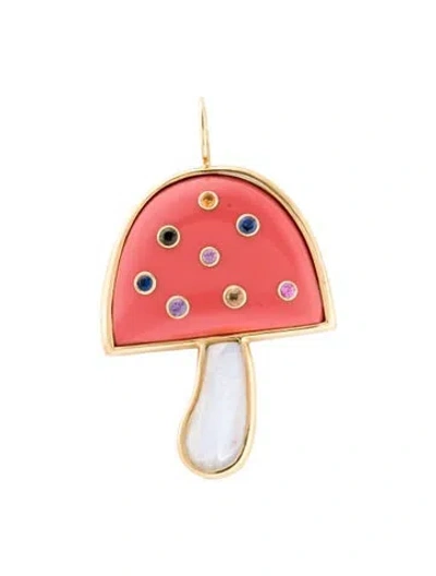 Pre-owned Brent Neale 18k Coral, Moonstone, & Sapphrie Large Magic Mushroom Pendant, 2" In Multi