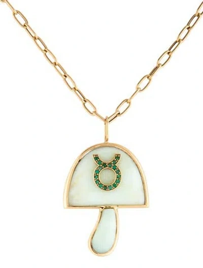 Pre-owned Brent Neale 18k Opal & Emerald Large Magic Mushroom Taurus Pendant Necklace, 18" In Multi