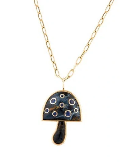 Pre-owned Brent Neale 18k Pietersite & Sapphire Large Magic Mushroom Pendant, 18" In Multicolor