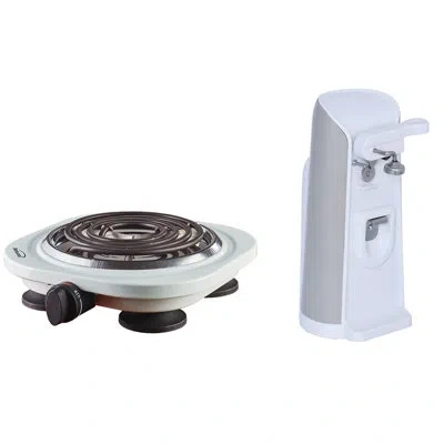 Brentwood Appliances Tall Electric Can Opener With Knife Sharpener & Bottle Opener With 1,000-watt Single Electric Burner In White