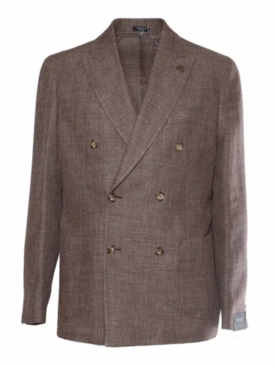 Breras Double-breasted Textured Jacket With Classic Lapel In Brown