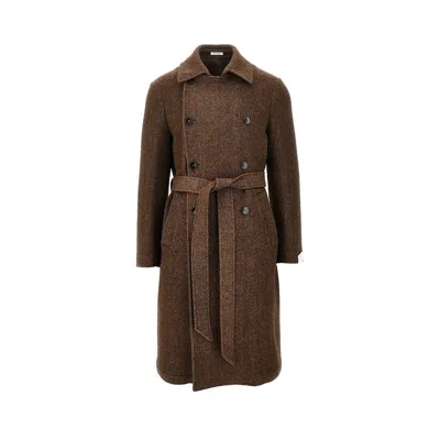 Breras Herringbone Wool Coat With Belt In Brown
