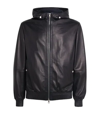 Brett Johnson Hooded Leather Jacket In Navy