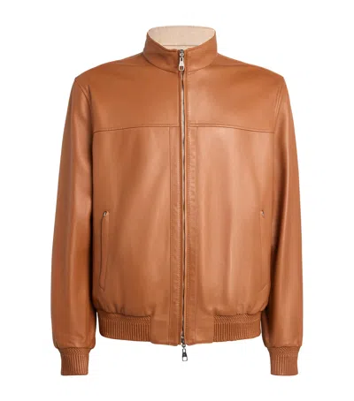 Brett Johnson Leather Reversible Bomber Jacket In Brown