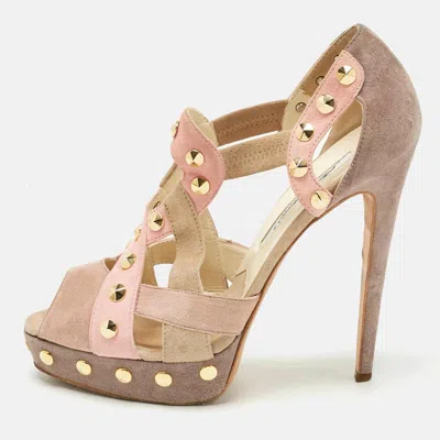 Brian Atwood Beige Cut Out Studded Suede Peep Toe Platform Sandals In Multi