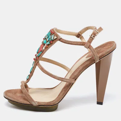 Brian Atwood Brown Suede Donasa Crystal T Strap Sandals