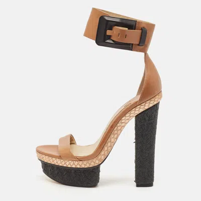 Pre-owned Brian Atwood Brown/black Snakeskin Embossed And Leather Braganca Ankle Strap Sandals Size 37.5