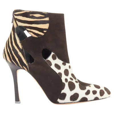 Pre-owned Brian Atwood Camoscio Suede Calf Hair Multi Animal Print Cut Out Booties Eu38.5 In Black
