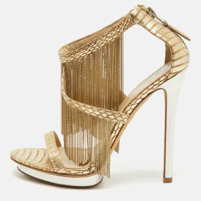 Pre-owned Brian Atwood Gold Leather Ankle Strap Sandals Size 37.5