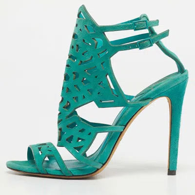 Brian Atwood Green Suede Laplata Laser Cut Sandals Size 39.5 In Blue