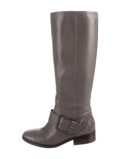 Pre-owned Brian Atwood Leather Crystal Embellishments Moto Boots In Grey