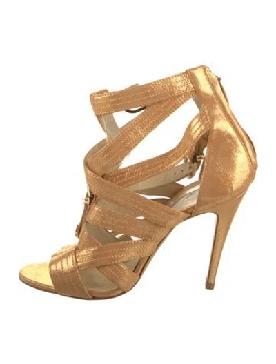 Pre-owned Brian Atwood Leather Glitter Accents Sandals In Gold