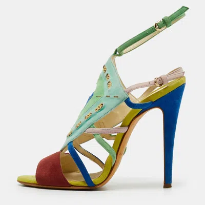 Pre-owned Brian Atwood Size 35 Multicolor Suede Asymmetric Jeweled Ankle Strap Sandals