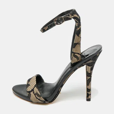 Pre-owned Brian Atwood Size 35.5 Black/beige Lace And Patent Leather Ankle Strap Sandals