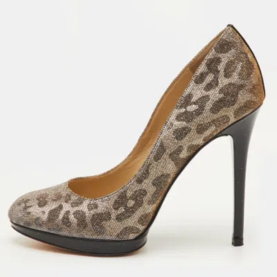 Pre-owned Brian Atwood Size 38.5 Silver Metallic Lurex Fabric Leopard Print Pumps