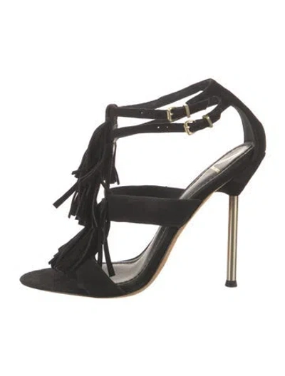 Pre-owned Brian Atwood Suede Fringe Trim Accent Sandals In Black