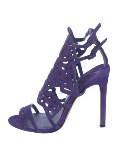Pre-owned Brian Atwood Suede Lasercut Accents Slingback Sandals In Blue
