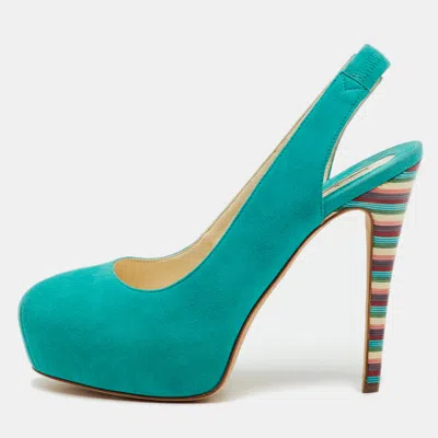 Pre-owned Brian Atwood Turquoise Blue Suede Platform Slingback Pumps Size 35