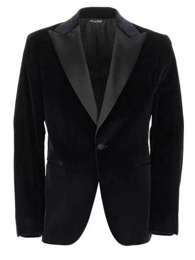 Brian Dales Single-breasted Cotton Blend Blazer With Satin Peak Lapel In Black