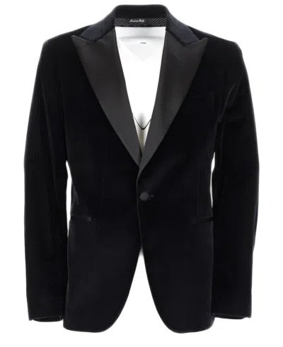Brian Dales Single-breasted Cotton Blend Blazer With Satin Peak Lapel In Black