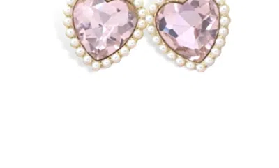 Brianna Cannon Crystal And Pearl Heart Studs In Light Pink In Multi