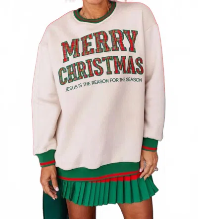 Brianna Cannon Merry Christmas Tartan Plaid Tunic Sweatshirt In Cream In White