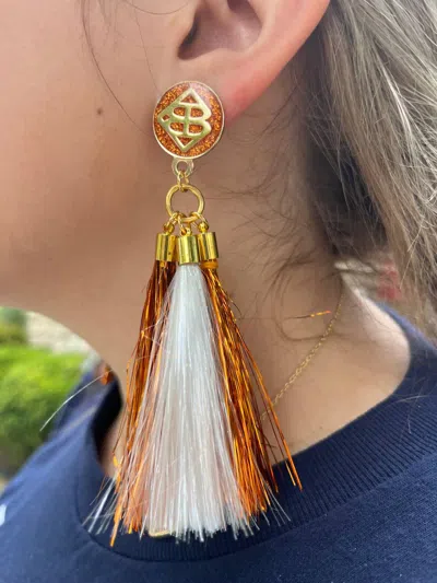 Brianna Cannon Metallic Jumbo Tassel Earrings In Orange And White In Silver