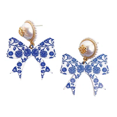 Brianna Cannon Pearl Post Bow Earrings In Blue/white