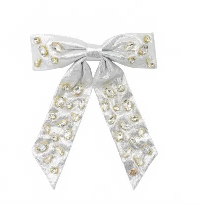 Brianna Cannon Shimmer Bow Barrette With Hand Sewn Crystals In Silver In Neutral