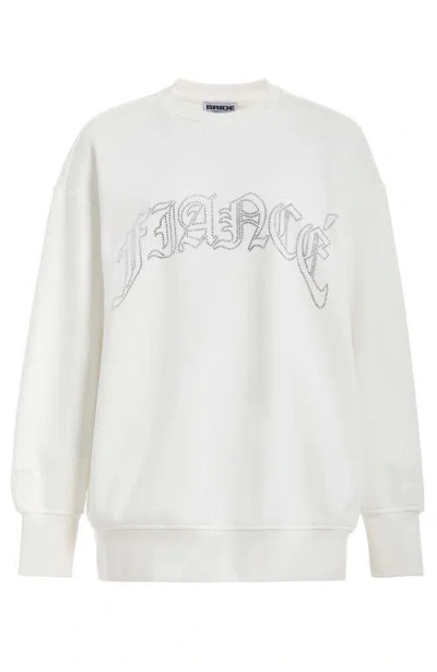 Bridemerch Fiancé Rhinestone Crew In White