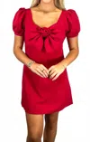 B.right Bow Puff Short Sleeve Mini Dress In Red In Red