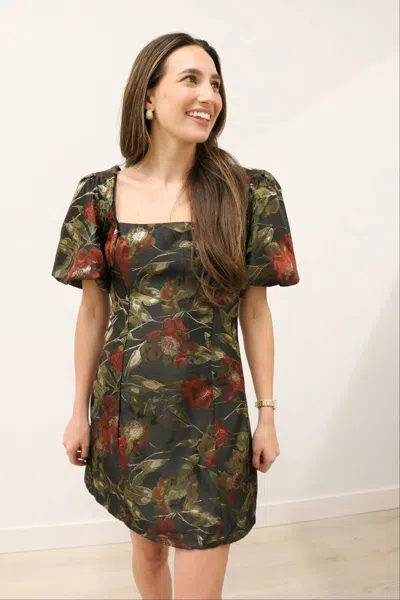 B.right Dita Jacquard Print Short Puff Sleeve Mini Dress In Black Multi In Green