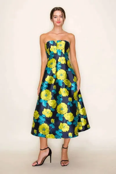 B.right Floral Jacquard Strapless Pleated Midi Dress In Navy/lime In Multi