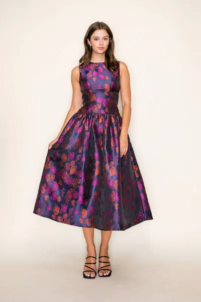 B.right Rose Jacquard Midi Dress In Midnight Navy In Multi