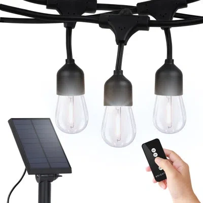 Brightech Ambience Pro 27 Ft. Solar Outdoor Patio Led String Lights With 12 Soft White S14 Bulbs, Remote Contr In Black