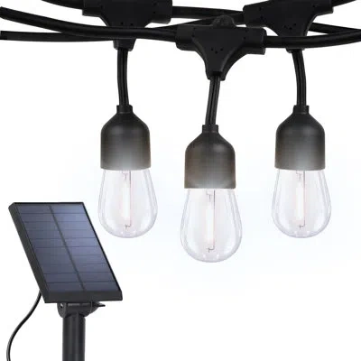 Brightech Ambience Pro 27 Ft. Solar Outdoor Patio Led String Lights With 12 Soft White S14 Edison Bulbs, Weath In Black